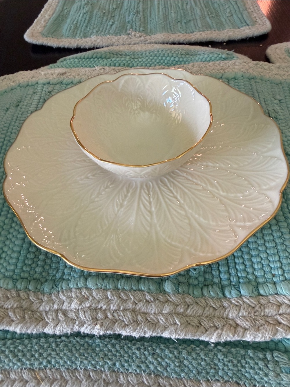 Vintage 1985 Lenox Porcelain Scalloped Chip & Dip Bowl / Platter with Gold Trim